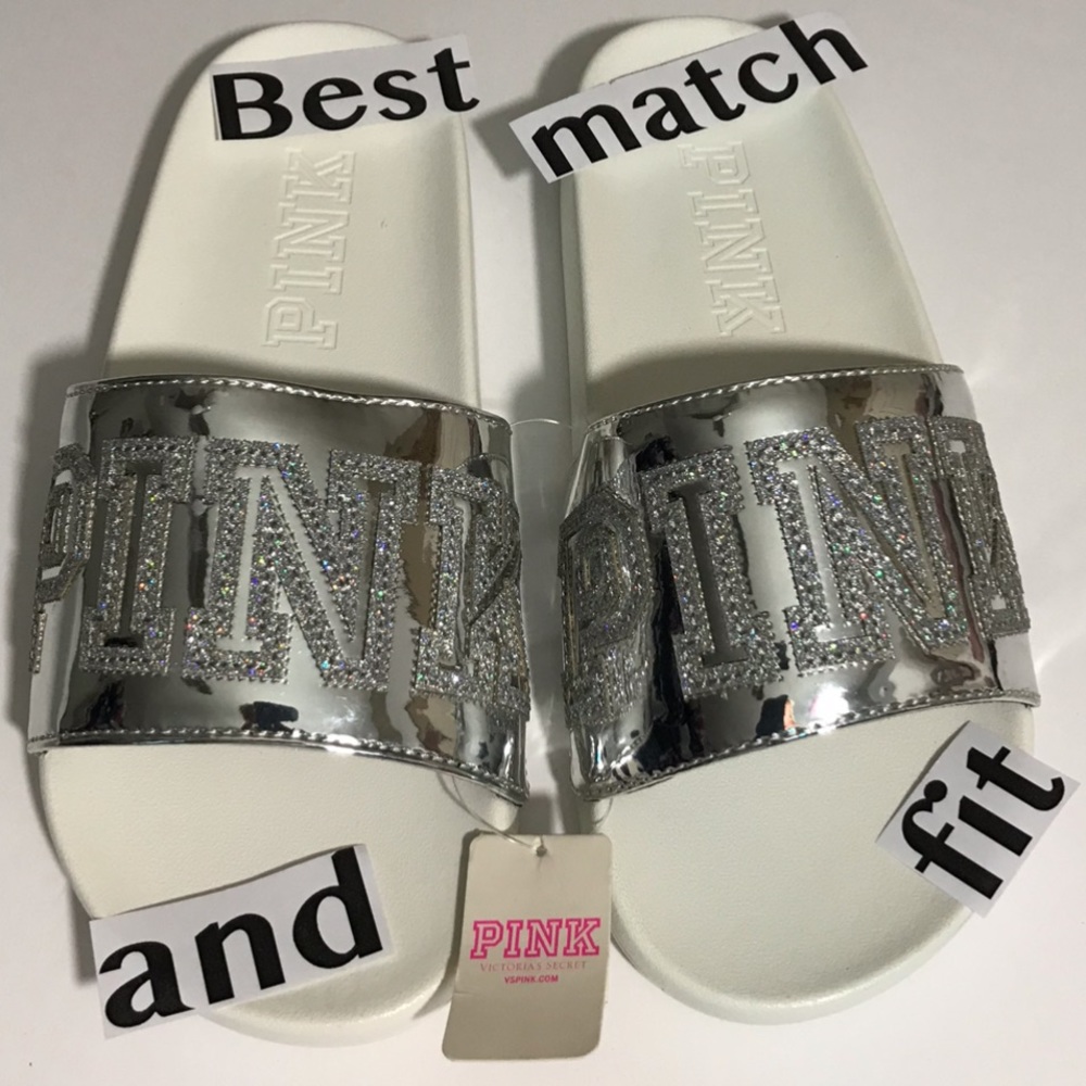 RARE PINK Victoria’s Secret M LOGO SLIDES CRYSTALS - Picture 2 of 3